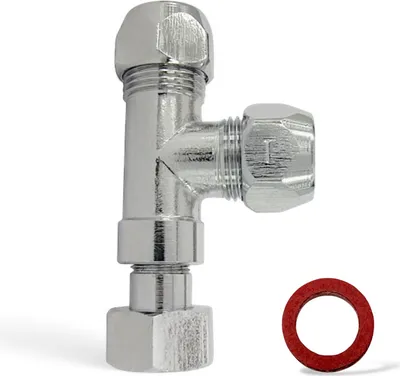 Produktbild von Abzweigstück Messing für Eckventil 3/8 Zoll, Abgang 2x 3/8 Zoll mit 10 mm Quetschverschraubung