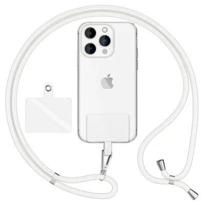 Image de HoldMe Air Edition - Lanyard universel avec 2 pads & mousqueton (argent) - 160cm de sangle pour portable à porter autour du cou - Blanc