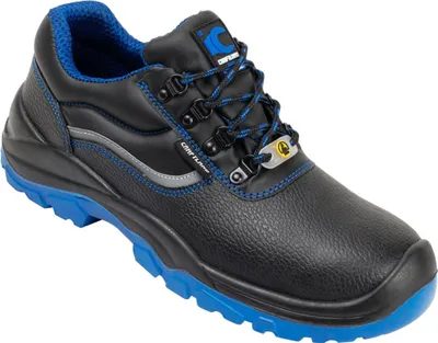 A single black and blue safety shoe is shown from a diagonal angle against a white background.