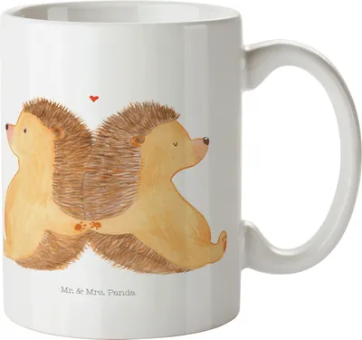 Produktbild von Mr. & Mrs. Panda Kaffeebecher Igel händchenhaltend - Weiß - Geschenk, haferl, kakaobecher, Verknallt, Kaffeetasse, glücklich, Tasse, Gemeinsamkeit, Freundin, bedruckt