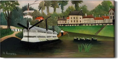 Produktbild von Wanduhr Bürouhr Leinwand Bild Geräuschlos 60x30 Gemälde Stadt Boot Fischer Fluss - schwarze Hände