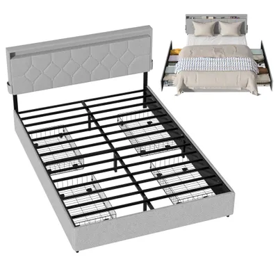 Obrázek produktu pro XINZI Čalouněná manželská postel s čalouněným čelem a 4 zásuvkami, rám postele z lnu, bez matrace (140 x 200 cm, šedá)
