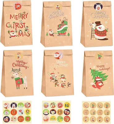 Image de CHEPULA Sacs de Noël bruns, 24 pièces avec autocollant, sacs cadeaux en papier kraft pour fête