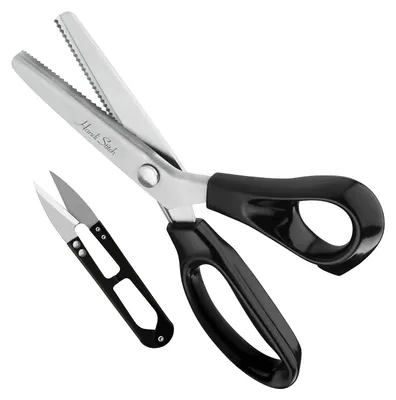 Produktbild von Handi Stitch Zackenschere Stoff mit Fadenschneider – 23cm Länge – Schneiderschere Stoffschere Profi – 3mm Klingen mit Schwarzen Griffen –