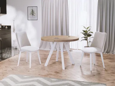Produktbild von Designer Runder Ausziehbarer Esstisch - Loft-Stil, Industriell, Platzsparend - Weiße Beine - 100 bis 200cm - für 6-8 Personen - Hergestellt in EU - Sonoma Eiche - 200 cm