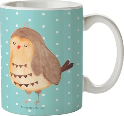 Produktbild von Mr. & Mrs. Panda Kaffeetasse Eule Zufrieden - Türkis Pastell - Geschenk, Tasse mit Spruch, Müde, Trinkbecher, Hochzeitstag, Pott, Owl, Deko, Waldtier, Bedruckte