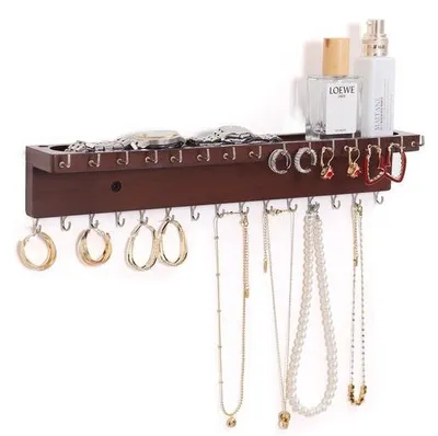 Produktbild von Ibenzoa® Wand-Schmuckhalter aus Naturholz – 30 Haken, wandmontiert, inkl. Montagematerial & Anleitung, platzsparende Aufbewahrung für Halsketten und Armbänder