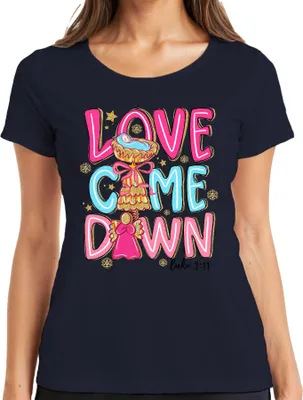 Produktbild von Love Come Down Jesus Krippe Engel Weihnachten Glitzer Pastell Damen T-Shirt, Navy, M