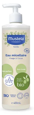 Immagine prodotto di Mustela Acqua Micellare Bio, Olio di Oliva e Aloe Vera, Viso, Cambio Pannolino, Make Up, Neonati, Tutta la Famiglia - Detersione Delicata Senza Risciacquo, 99% Ingredienti di Origine Naturale (400ml)