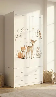 Produktbild von Kinderkleiderschrank mit bezauberndem Motiv – 2-türiger Schrank für Kinderzimmer inkl. 2 Schubladen, Kleiderstange & Einlegeböden, Weiß (88x187x54 cm) (nr 385)