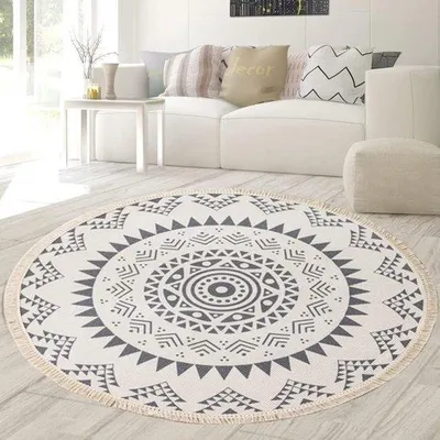 Immagine prodotto di Tappeto rotondo boho Unyqoos® da 120 cm – tessuto a mano, 80% cotone/20% poliestere, motivo mandala con frange, lavabile – ideale per soggiorno, camera da letto, cameretta