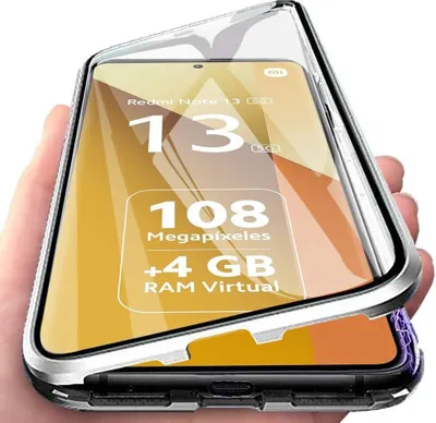 Immagine prodotto di custodia protettiva a 360° per Xiaomi Redmi Note 13 5G Copertura in vetro temperato a corpo intero con assorbimento magnetico, telaio in metallo argento