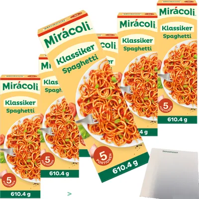 Produktbild von Miracoli Spaghetti mit Tomatensauce Klassiker 5 Port. Packung 6er Pack (6x610,4g) + usy Block