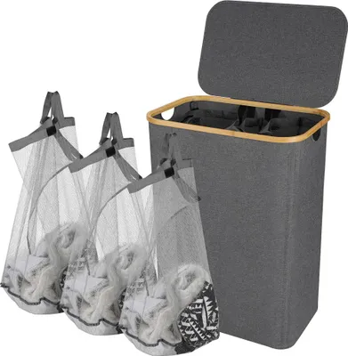 Produktbild von Faziango XXL Wäschekorb 160L mit Deckel und 3 Fächern, Faltbarer Wäschetrenner mit 3 herausnehmbaren Wäschesäcken, Wäschesammler, Grau