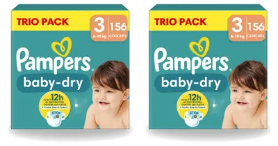 Obrázok produktu pre 2 kusy plienok Pampers Baby-Dry, veľkosť 3, pre deti s hmotnosťou 6-10 kg - výhodný balík