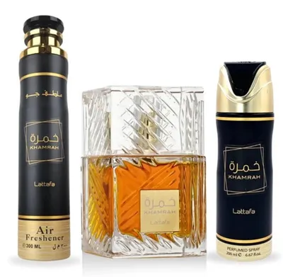 Produktbild von Lattafa Khamrah Geschenkset Eau de Parfum 100 ml + Perfumed Spray 200 ml + Lufterfrischer 300 ml – Orientalisch Süßer Unisex Duft
