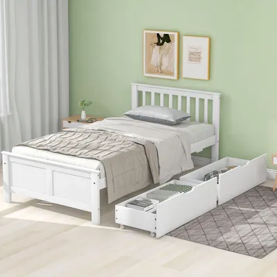 Produktbild von Flieks Massivholzbett Klassisches Bett 90x200cm mit Lattenrost und 2 Schubladen, Jugendbett Einzelbett Gästebett weiß