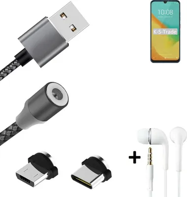 Produktbild von K-S-Trade® Hochwertiges Magnet-Lade-kabel Sync-Kabel Daten-Kabel + Kopfhörer für ZTE Blade V10 Vita mit USB-Typ-C-Anschluss und Micro-USB-Anschluss