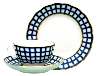 Produktbild von Teeservice aus Porzellan, 3-teilig, Tulpenmuster, Kobaltzellenmuster, 240 ml, Blau und Weiß mit Goldrand