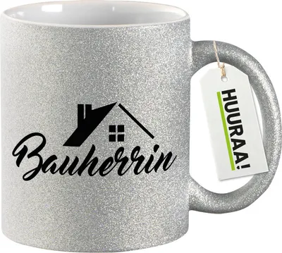 Produktbild von Huuraa Glitzertasse Bauherrin 330ml Silber Keramik Kaffeebecher Geschenkidee