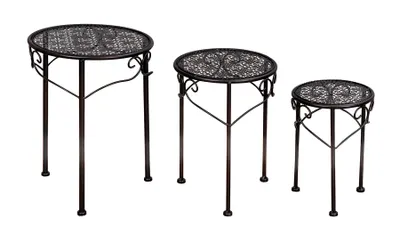 Produktbild von 3er Set Blumenhocker Metall Schwarz Pflanzenständer Rund Tisch Garten Deko Blumenständer
