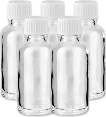 Produktbild von 5x Klare Glasflasche 30 ml mit weißem Kunststoff Schraubverschluss Set
