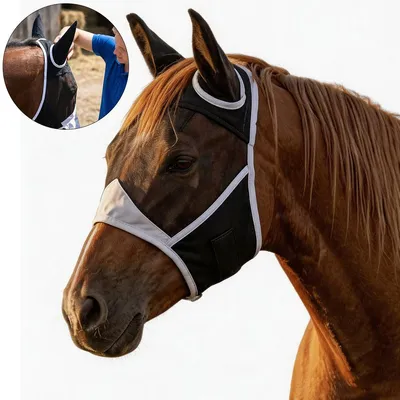 Produktbild von Fliegenmaske Pferd mit Ohren, atmungsaktive Fliegenhaube Schwarz, Insektenschutz für Pony, Cob & Warmblut Größe M
