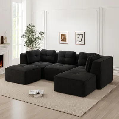 Produktbild von U-förmiges Ecksofa aus Cord, knochenlos, modular mit Ottomane, dreisitzig, tiefe Sitzfläche, für Wohnzimmer, montagefrei