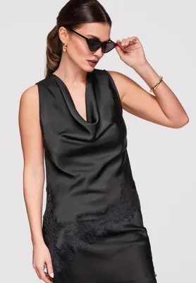 Produktbild von LARICA Wasserfall Bluse Satin Spitze Asymmetrisch Elegant OW-TS-E0030 black M