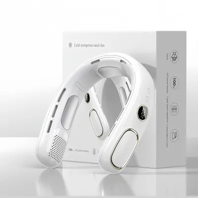 Produktbild von Tragbarer Halsventilator, Kühlventilator mit supraleitender TEC-Kühlung, Tischventilator, Flügelloser Nackenventilator mit 4000mAh & LED Display, Weiß