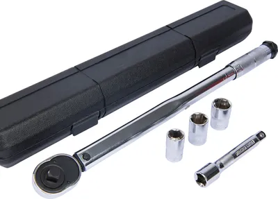 Produktbild von Grafner Drehmomentschlüssel 28-210 Nm, Set im stabilen Koffer: 1/2“ Drehmoment-Schlüssel 460 mm, 1/2“ Verlängerung 125 mm, 3 Stecknüsse 17, 19, 21 mm, für Links- und Rechtsgewinde, 12,5 mm vierkant
