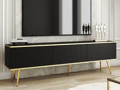 Produktbild von GrainGold TV-Schrank Diolo - Breiter RTV-Schrank, RTV-Tisch, Lowboard, TV-Tisch mit Metallbeinen, Gefräster RTV-Schrank - TV-Schrank Schwarz, Gold