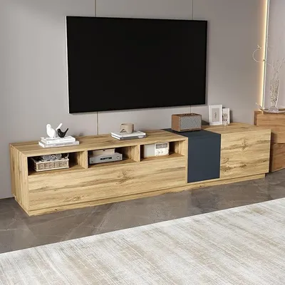 Imagen del producto de Mueble de TV moderno, de 200 cm de largo, para televisores de hasta 85 pulgadas. Mueble bajo con estantes abiertos y orificios para cables. Mueble de TV con 3 puertas, ideal para el salón. Color madera y negro
