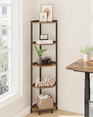 Produktbild von Famanu Eckregal mit 5 Ebenen, stabiles Metallgestell, für Wohnzimmer und Homeoffice, braun und schwarz