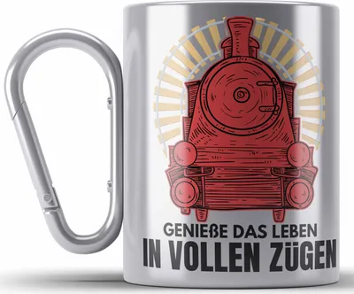 Produktbild von Trendation - Geniße Das Leben in Vollen Zügen Lokführer Edelstahl Tasse Karabiner Geschenk Eisenbahner Spruch Lokomotive Geschenkidee Eisenbahn (Silber)