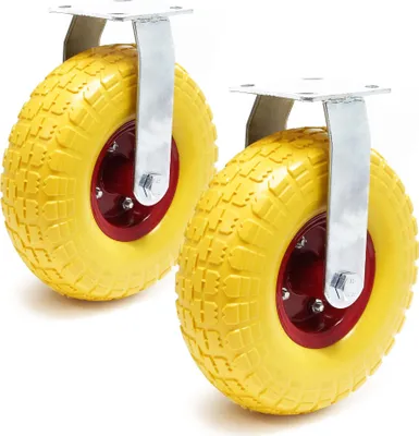 Produktbild von Wiltec Bockrollen Set 2x Ø258 und 78mm Breite Transportrolle Vollmaterial mit Metallfelgen gelb pannensicher bis 150kg Apparaterolle leiser Lauf