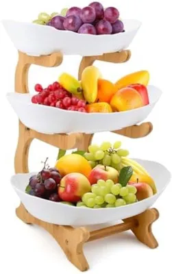 Produktbild von PolkaHome® 3-stöckige Obstschale Etagere mit Bambusständer, weiße Kunststoffschalen, Servierständer für Obst, Kuchen und Süßigkeiten