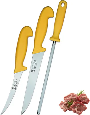 Produktbild von SMI 3 Stück Küchenmesser Set - Solingen Metzgermesser, Wetzstahl, Ausbeinmesser, Fleischermesser & Kochmesser aus Edelstahl, Schlachtermesser, Germany