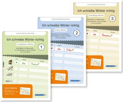 Produktbild von Ich schreibe Wörter richtig - 3 Lernzielkontrollen - Lautgetreue / Kurze / Dreisilbige Wörter