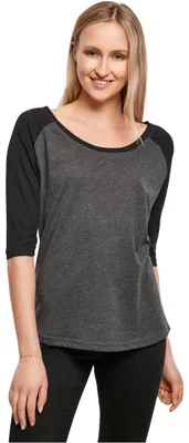 Productafbeelding van "Build Your Brand" dames T-shirt met 3/4 mouwen en contrasterende raglanmouwen