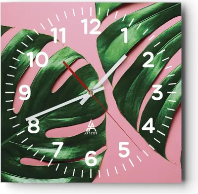 Produktbild von Wanduhr - Quadrat - Glasuhr - Monstera Blatt Rosa - 30x30cm - Schleichendes Uhrwerk - Lautlos - zum Aufhängen bereit - Dekoration Modern - Wanddekoration aus Glas - C4AC30x30-4407