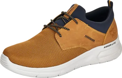 A single brown and navy shoe is shown against a white background.