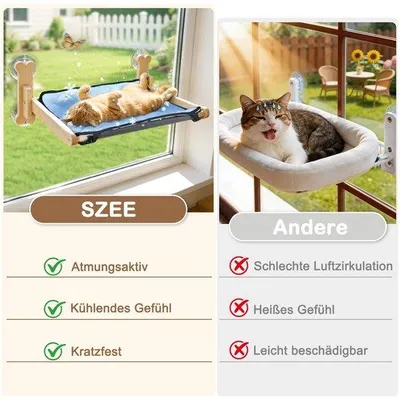 Productafbeelding van SnelShoppen - Katten Raamligstoel met Mat, Kattenhangmat van Massief Hout voor Binnen en Buiten, Comfortabele en Stijlvolle Kattenstoel voor Raam, 2-i