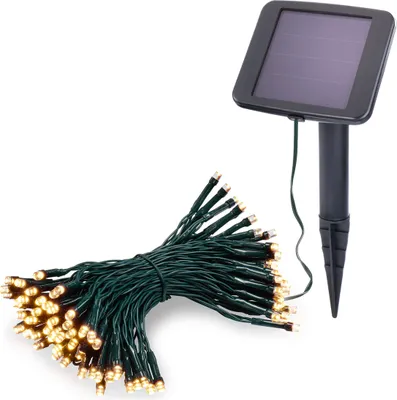 A solar-powered string of lights with a solar panel stake.