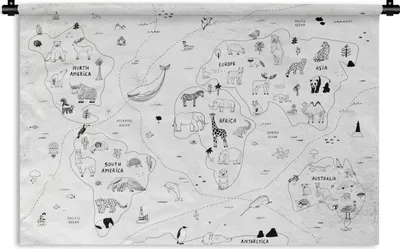 Produktbild von MuchoWow® Wandteppich Wandbehang Weltkarte - Kinder - Weiß - Schwarz 90x60 cm Tapisserie Dekoration Wandtuch - Wandskulpturen - Bildteppich