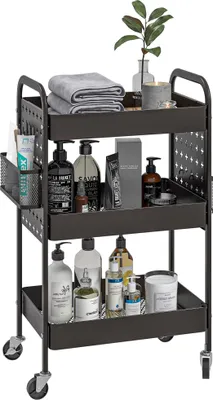 A three-tier rolling cart filled with various bathroom or personal care products.