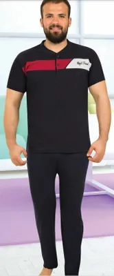Produktbild von Herren Pyjama Schlafanzug Marineblau L %100 Baumwolle Kurz 2-Teiler Set R-75