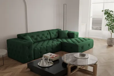Produktbild von Ecksofa Designersofa CHANTAL in Stoff Opera Velvet Grün Ottomane Rechts