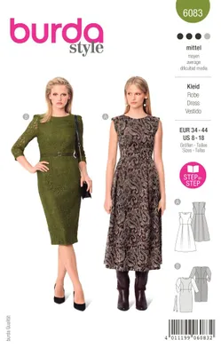 Produktbild von Burda Schnitt 6083 - Kleid mit ausgestelltem Rock, eng anliegendes Kleid mit Spitzenapplikationen
