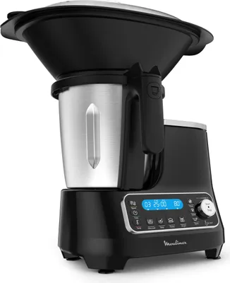 A black and silver kitchen appliance is shown against a white background.
